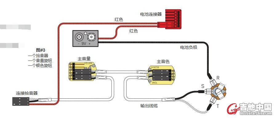 单拾音器电吉他接法（一个音量旋钮+一个音色旋钮）