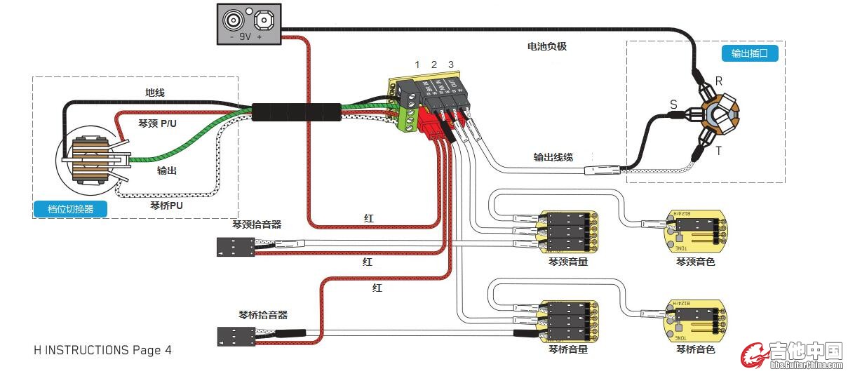 双拾音器电吉他接法（两个音量旋钮+两个音色旋钮）