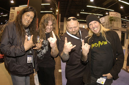 Chuck Billy (Testament), Alex Webster (Cannibal Corpse), Nic Barker (Dimmu Borgir), and Warrel  ...